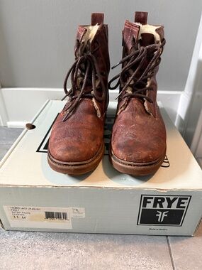 Frye Brown Leather Lace-Up Shearling-Trim Boots